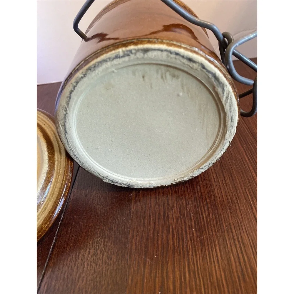 Vintage Cheese Crock with Locking Wire‎ Bail Lid Dark Brown Glaze Jar